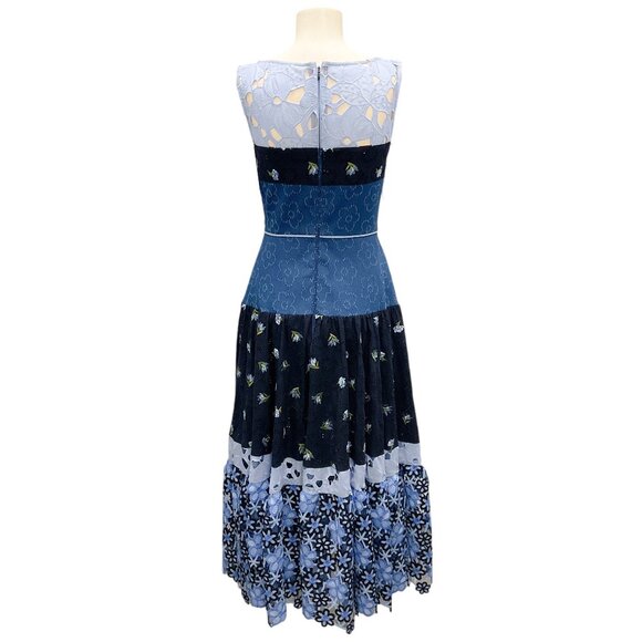 Talbot Runhof Blue Multi Broderie Anglaise-Inset Midi Dress - Picture 3 of 5